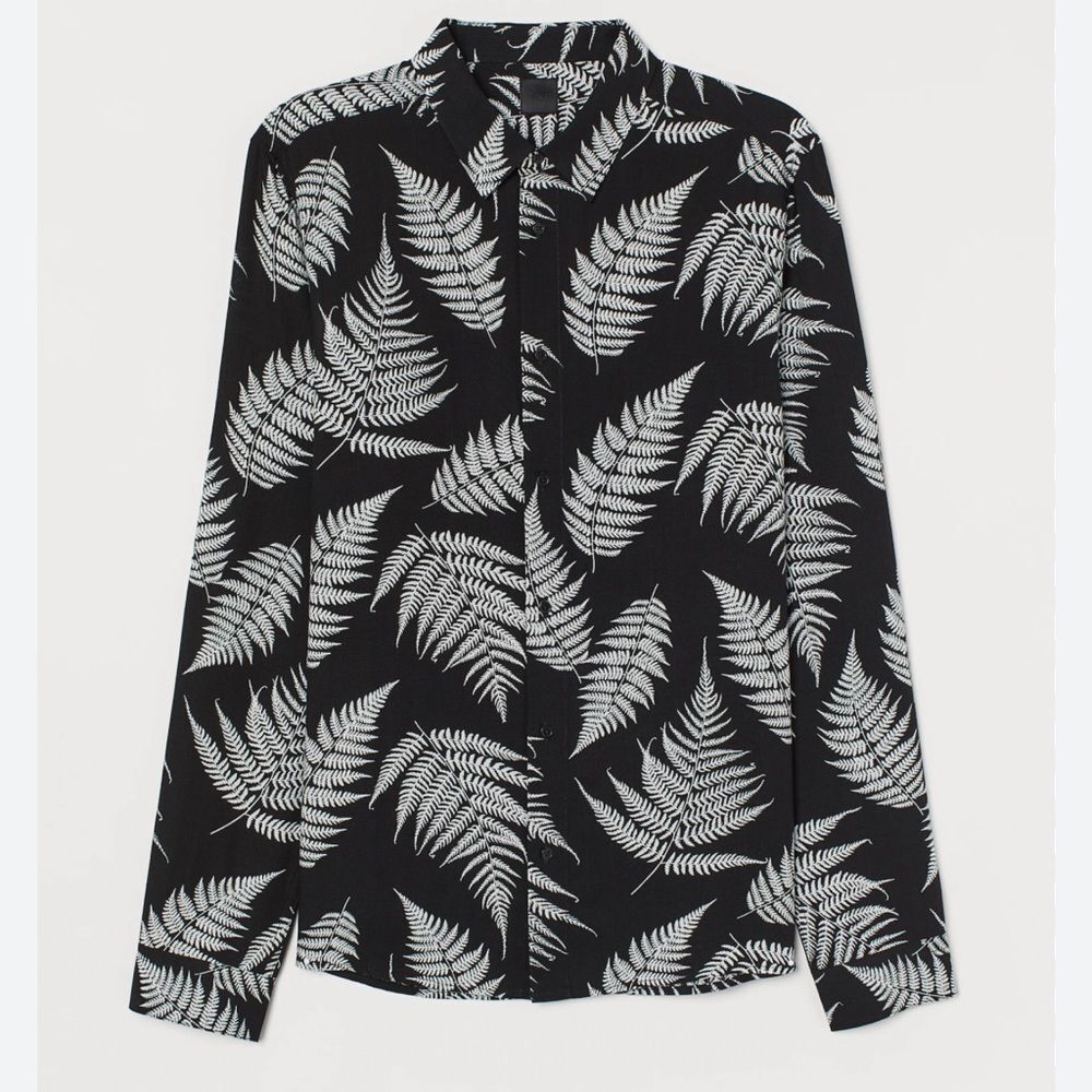 H&M XL Black White Fern Print Long Sleeve Casual Button Down Shirt